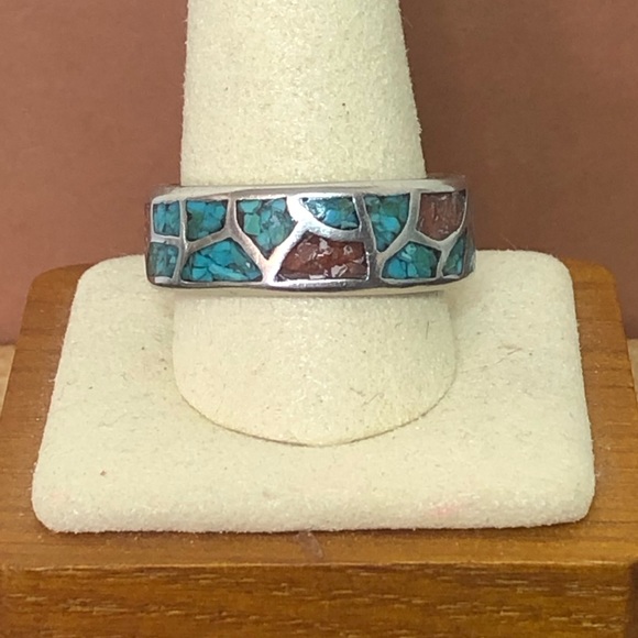 Southwest Native Sterling Silver Crushed Turquoise Coral Mosaic Ring Sz 12-1/2 - Picture 3 of 17